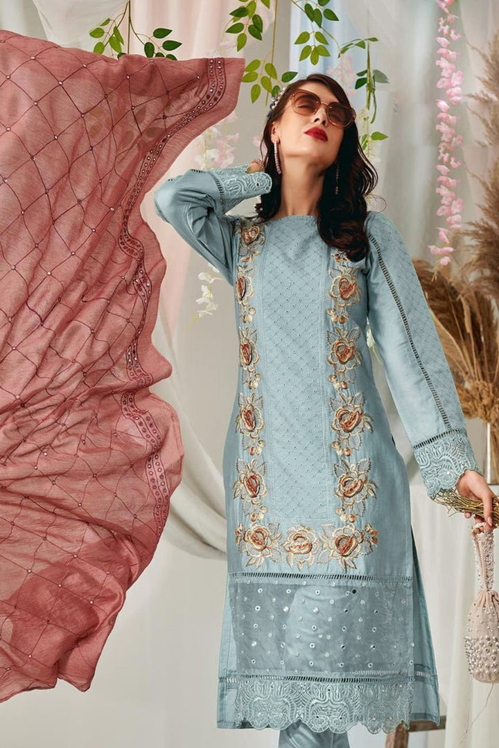 Sky Blue Color Stitched Pakistani Salwar Kameez Foil Mirror Work With Contrast Dupatta 1