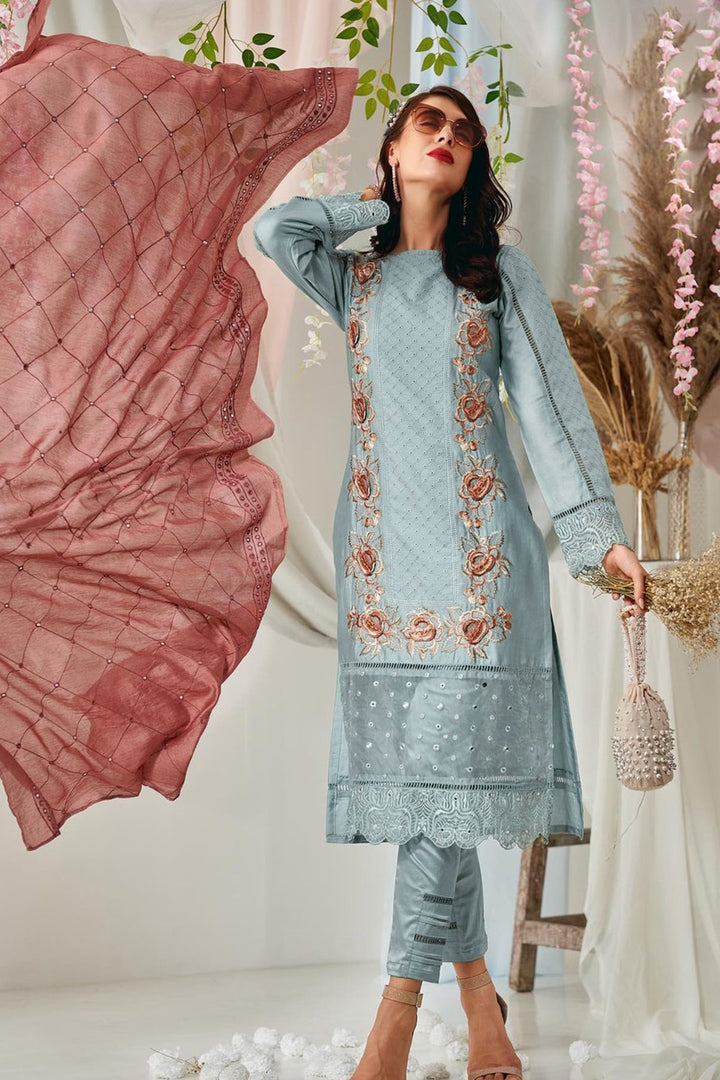 Sky Blue Color Stitched Pakistani Salwar Kameez Foil Mirror Work With Contrast Dupatta 4