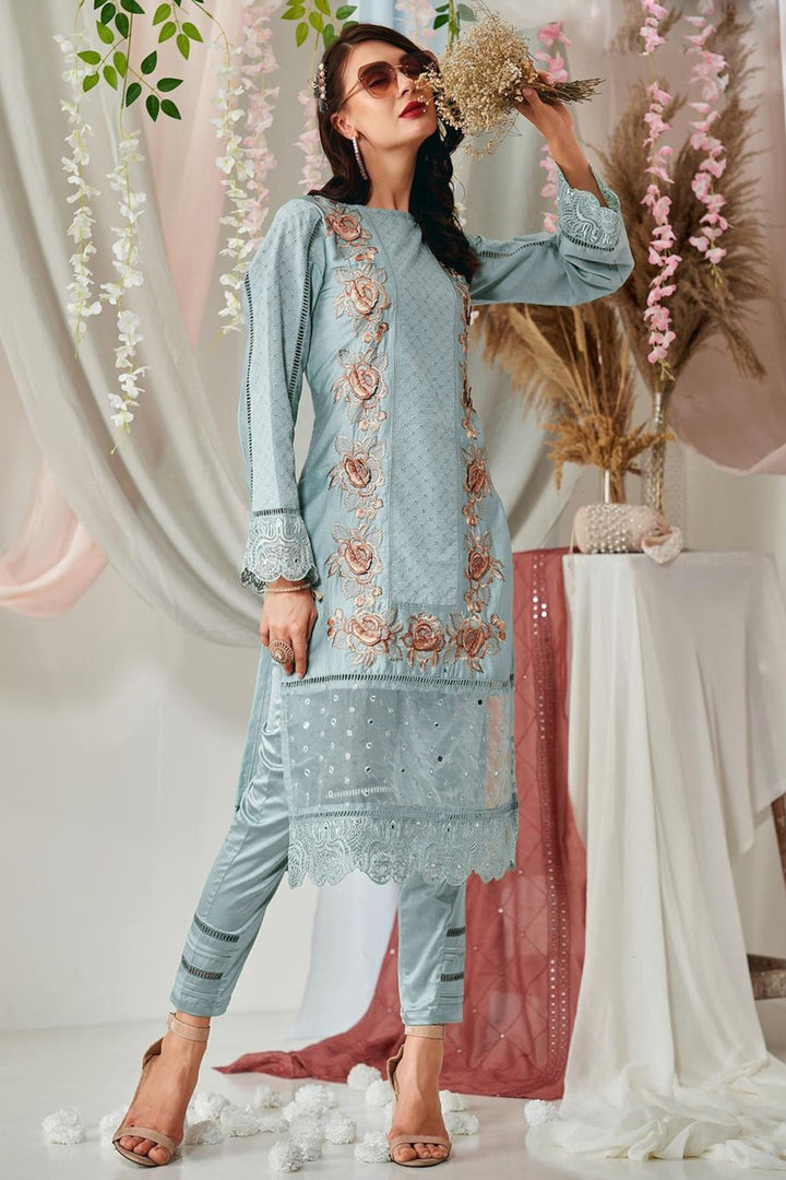 Sky Blue Color Stitched Pakistani Salwar Kameez Foil Mirror Work With Contrast Dupatta 5