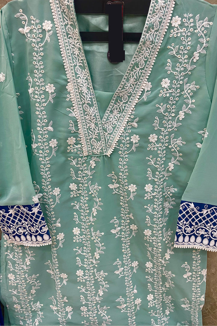 Sky Blue Stitched Tunic Pakistani Salwar Kameez With Contrast Dupatta