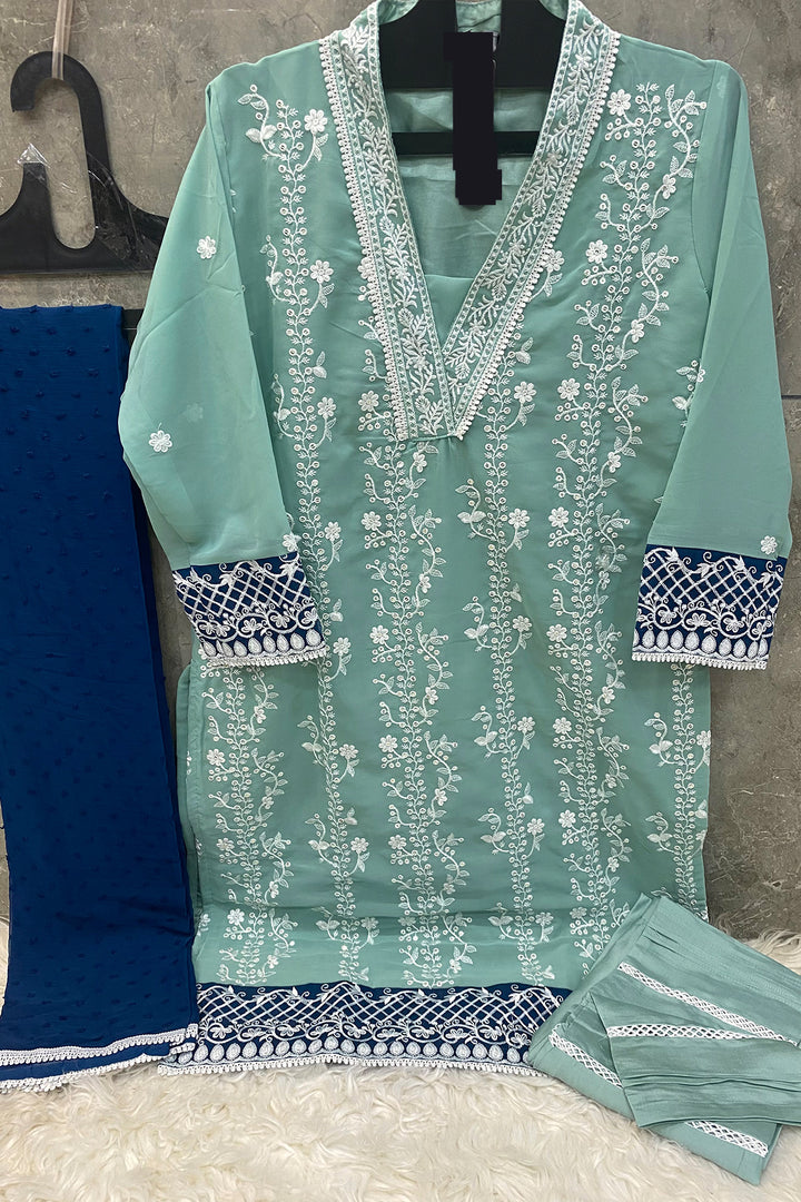 Sky Blue Stitched Tunic Pakistani Salwar Kameez With Contrast Dupatta 1