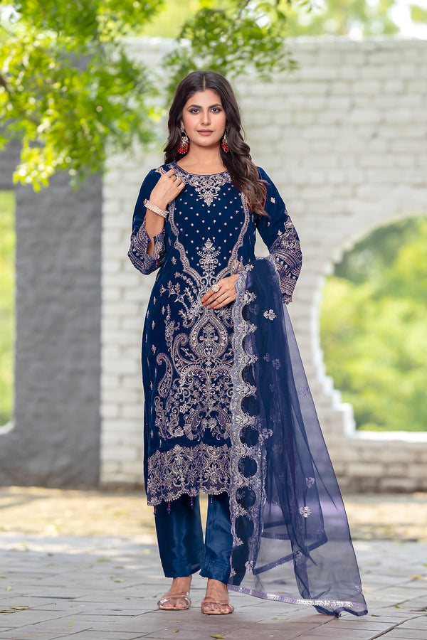 Trendy Velvet Pakistani Salwar Kameez Navy Blue With Heavy Net Embroidery Dupatta Work-6