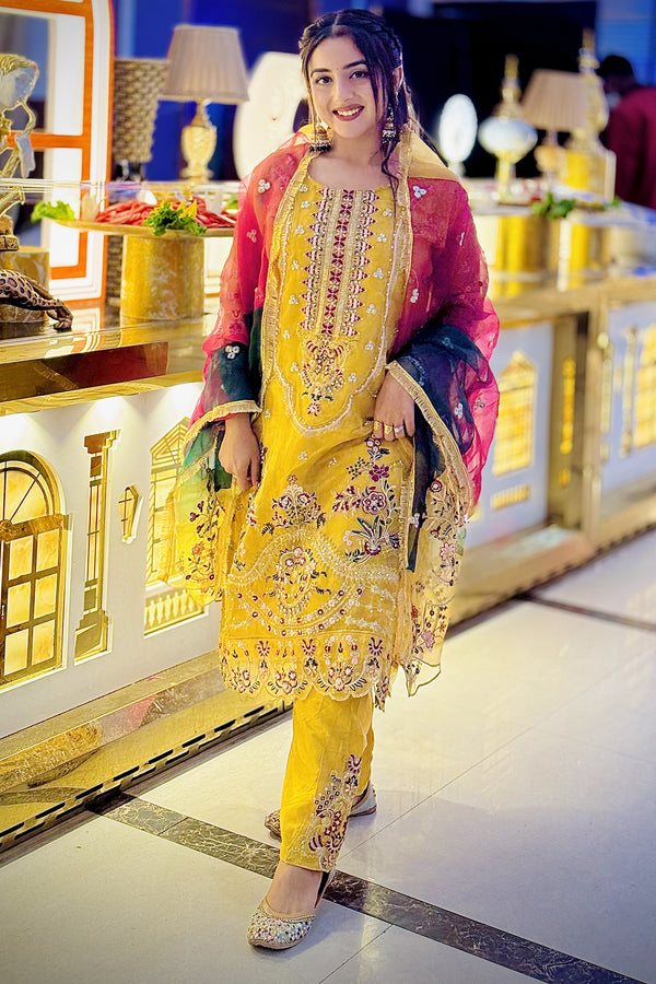 Wedding Wear Mustard Pakistani Salwar With Multicolor Dupatta Work-2