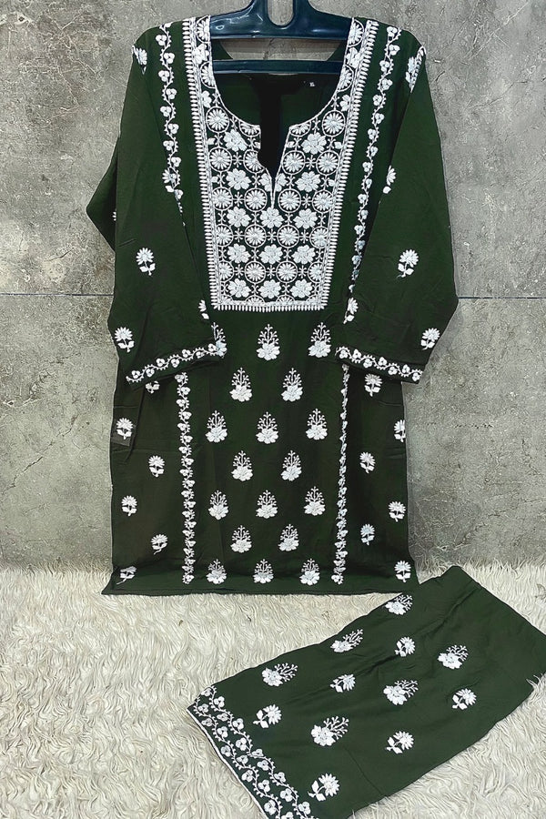 Ready To Wear Pakistani Co-Ord Set Mehndi Green Heavy Rayon With Embroidery Work