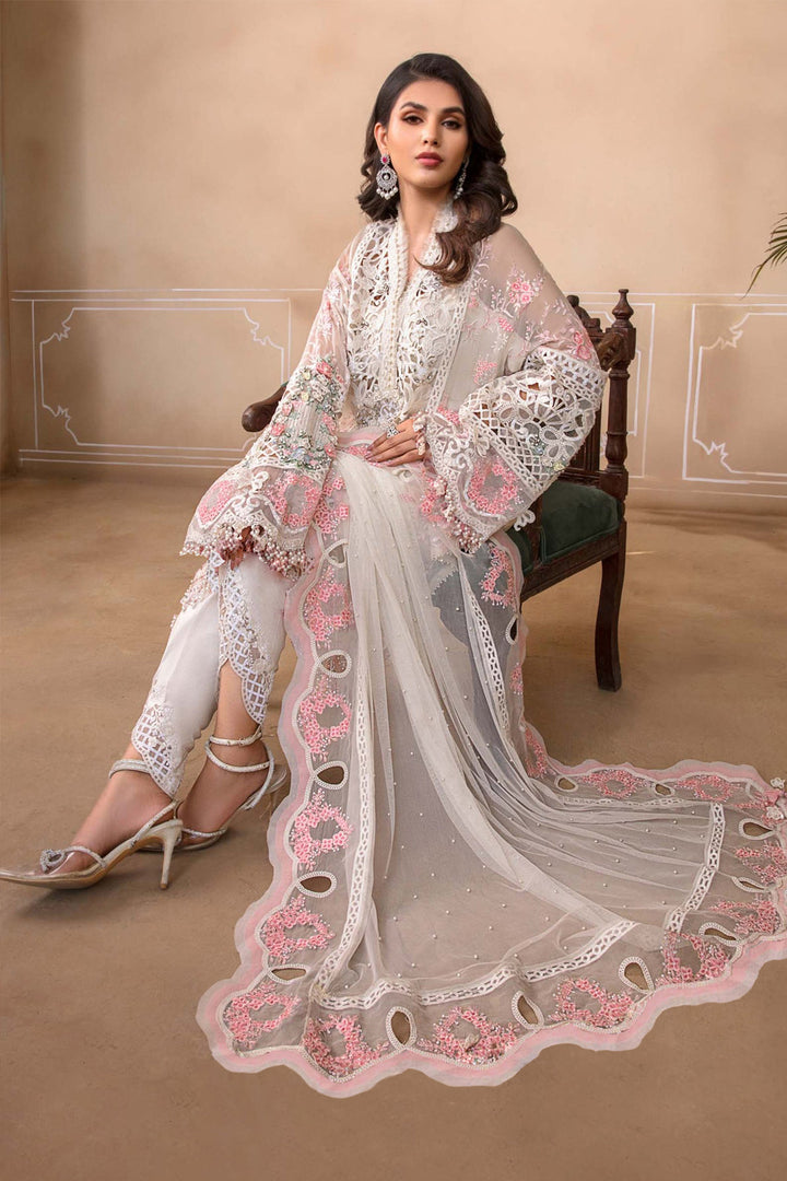 White Color Pakistani Salwar Kameez With Heavy Embroidery & Frill Work Dupatta 5