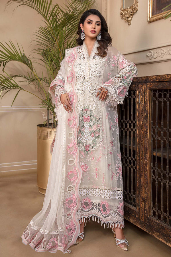White Color Pakistani Salwar Kameez With Heavy Embroidery & Frill Work Dupatta 7
