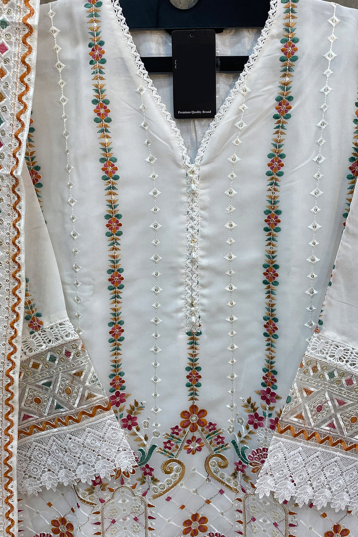 White Pakistani Tunic Salwar Kameez With Heavy Embroidery Work Dupatta 1