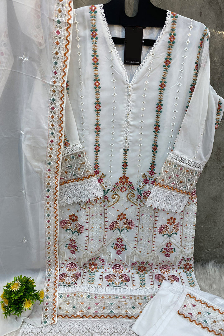 White Pakistani Tunic Salwar Kameez With Heavy Embroidery Work Dupatta 2