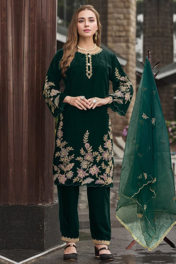 Winter Wear Premium Look Pakistani Velvet Bottle Green Salwar Kameez With Beautiful Net Dupatta