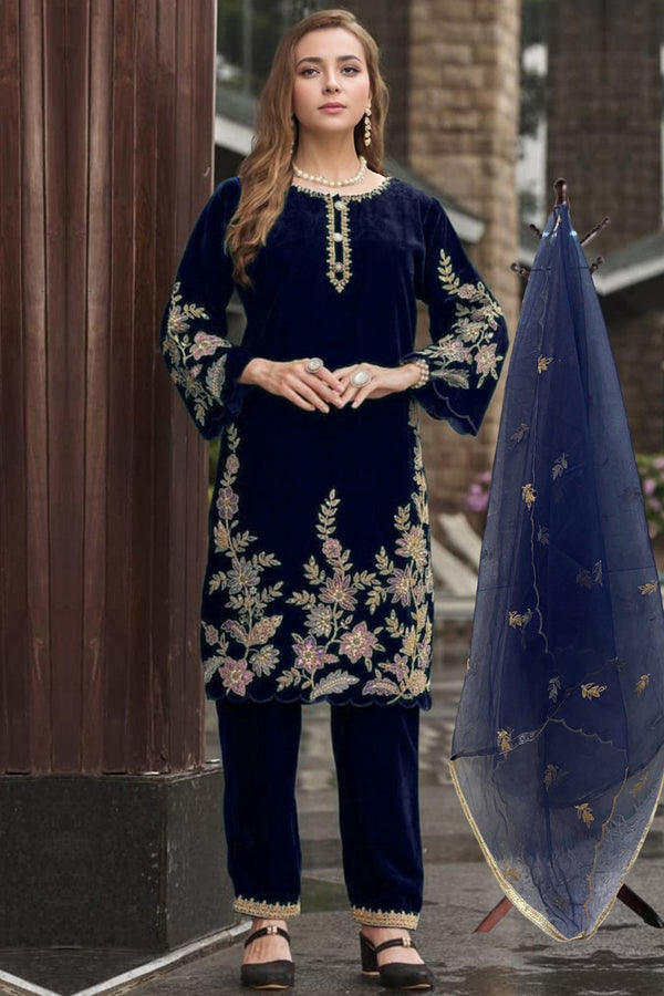 Winter Wear Premium Look Pakistani Velvet Navy Blue Salwar Kameez With Beautiful Net Dupatta