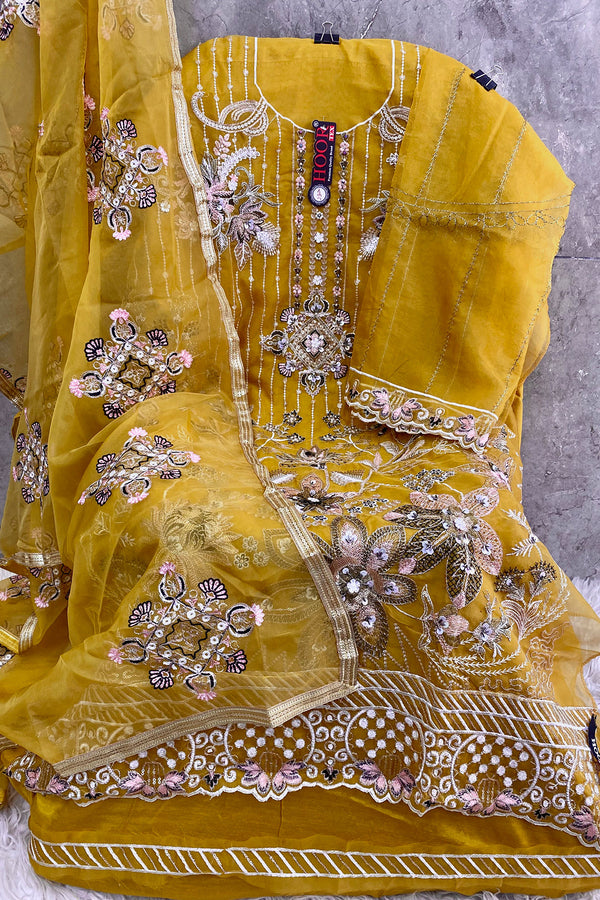 Yellow Embroidered Organza Pakistani Salwar Kameez With Attractive Dupatta Work-5