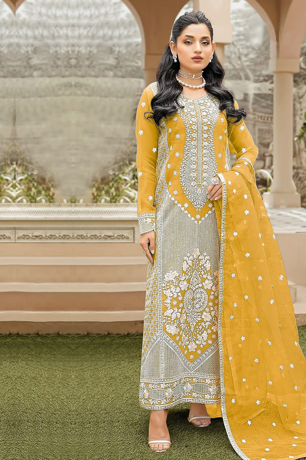 Yellow Embroidered Organza Straight Cut Pakistani Salwar Kameez Khatti Work With Dupatta Work