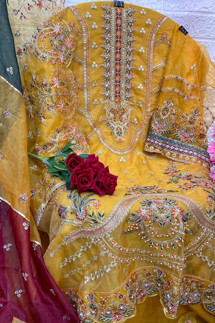 Yellow Latest pakistani salwar with Multicolor Dupatta work 1