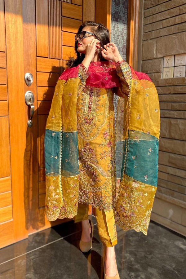Yellow Latest pakistani salwar with Multicolor Dupatta work 2