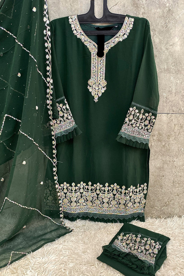 Fully Stitched Heavy Olive Green Georgette Embroidered Pakistani Salwar Suit With Beautiful Dupatta