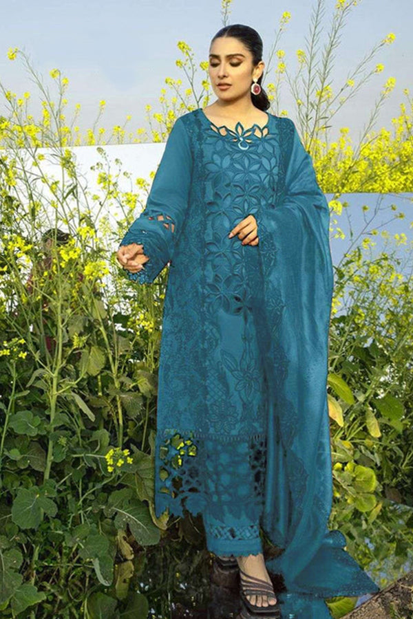 Premium Cotton Blue Embroidered Pakistani Salwar Kameez With Imported Silk Chex Dupatta
