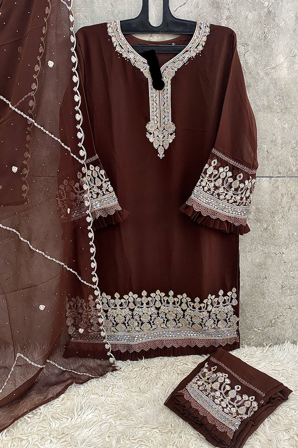 Fully Stitched Heavy Brown Georgette Embroidered Pakistani Salwar Suit With Beautiful Dupatta