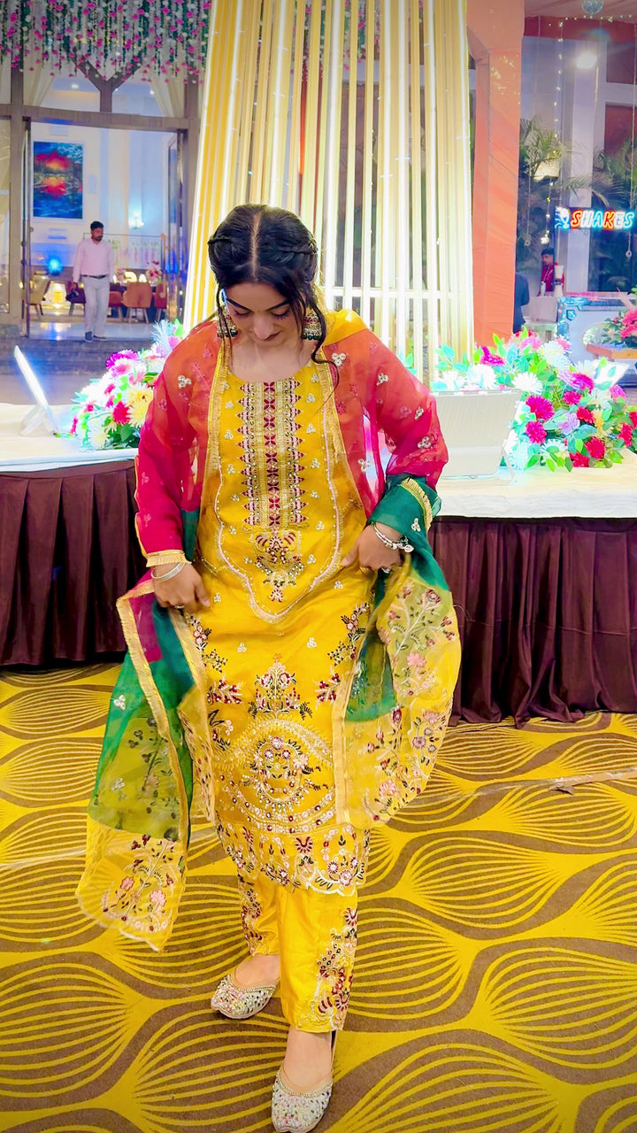 Wedding Wear Mustard Pakistani Salwar With Multicolor Dupatta Work -video 