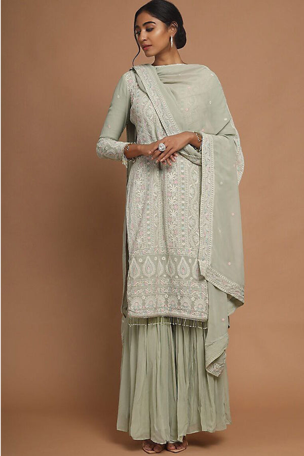 Refulgent Grey Color Georgette Pakistani Suit with Worked Dupatta