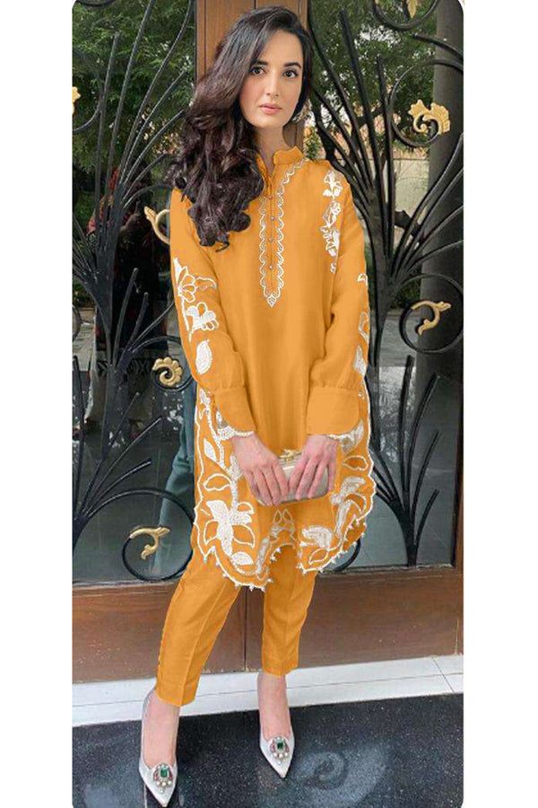 Appealing Yellow Color Women's Cotton Embroidered Kurta And Pant Set 2