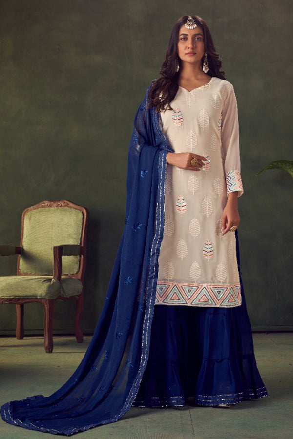 Pakistani Designer Cream Top Contrast Blue Sharara Palazzo With Beautiful Contrast Dupatta