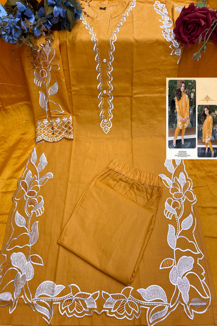 Appealing Yellow Color Women's Cotton Embroidered Kurta