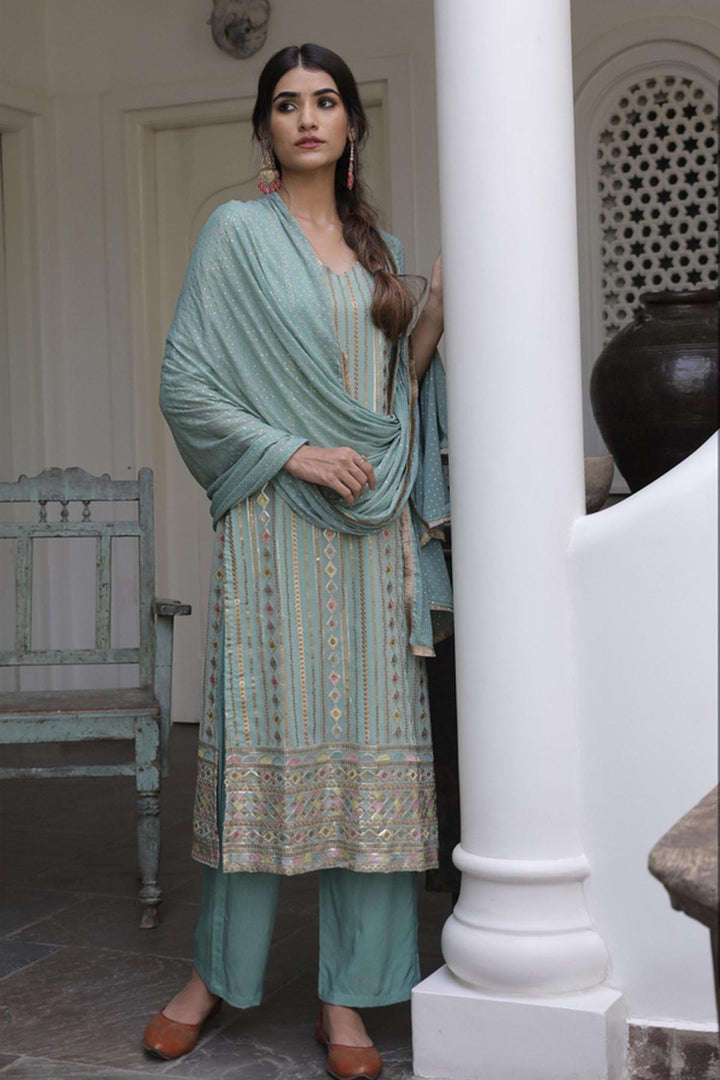 Alluring Sky Blue Color Georgette Suit with Sequence Work