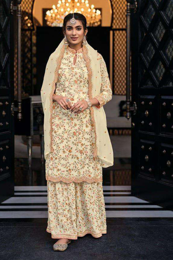 Off White Sharara Suit With Multicolor Heavy Work Top And Plazo 3